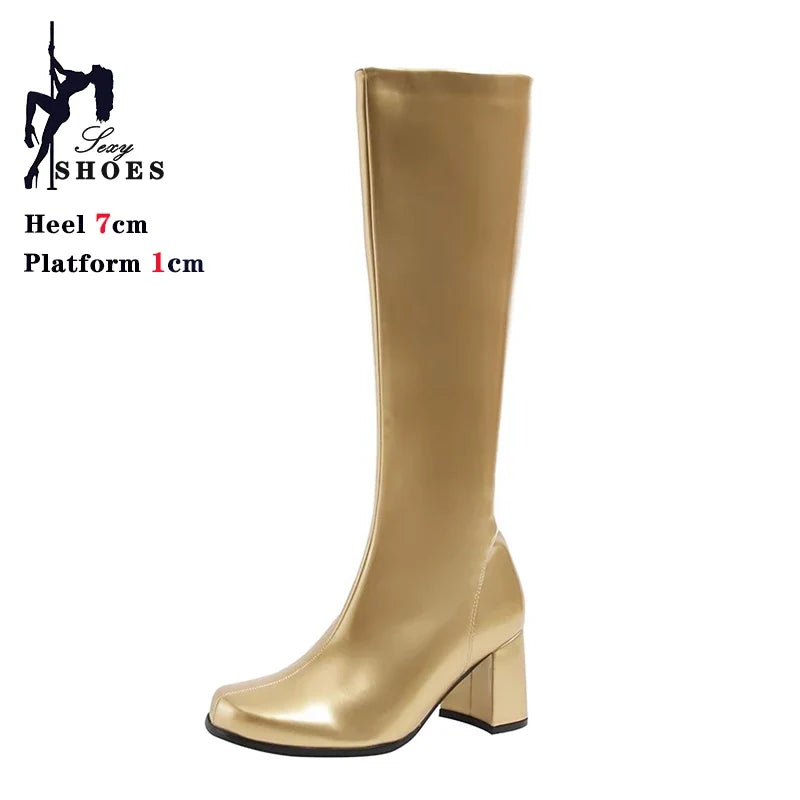 Women’s 7cm Retro Gogo Boots - 60s 70s Knee-High Square Heel Party Boots with Zip Size 44-45