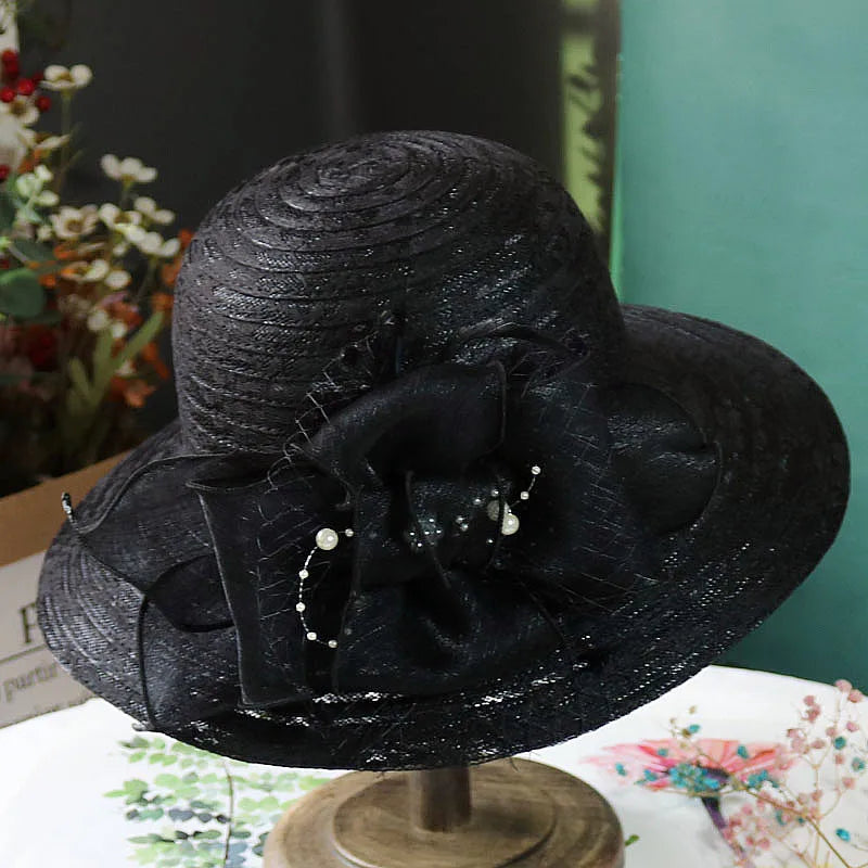 Women’s Elegant Mesh Sun Hat – Pearl Flower Foldable Beach Hat with Large Brim, Lace & Breathable Design for Spring and Summer
