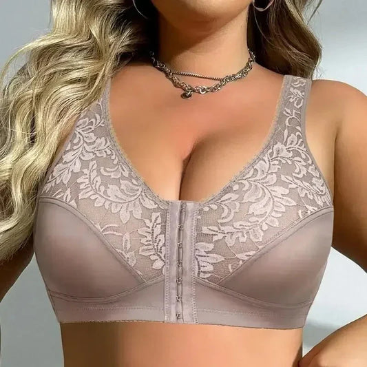Plus Size Minimizer Bra - 5XL Wireless Front Closure Full Cup Floral Lace Support Bra
