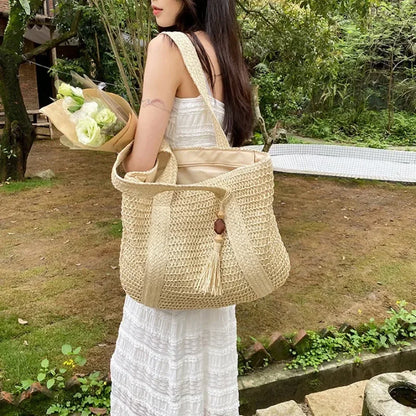 Elegant Straw Woven Handbag – Women’s Retro Beach & Casual Tote Top-Handle Shoulder Bag 2024