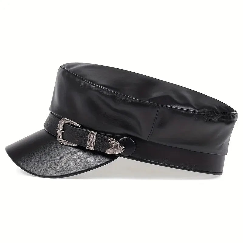 Fashion Women’s & Men’s Leather Sailor Hat – Large Belt Buckle Beret, Flat Top Captain Military Cap for Spring & Autumn