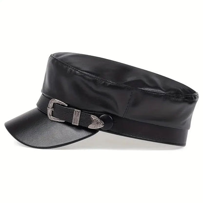 Fashion Women’s & Men’s Leather Sailor Hat – Large Belt Buckle Beret, Flat Top Captain Military Cap for Spring & Autumn