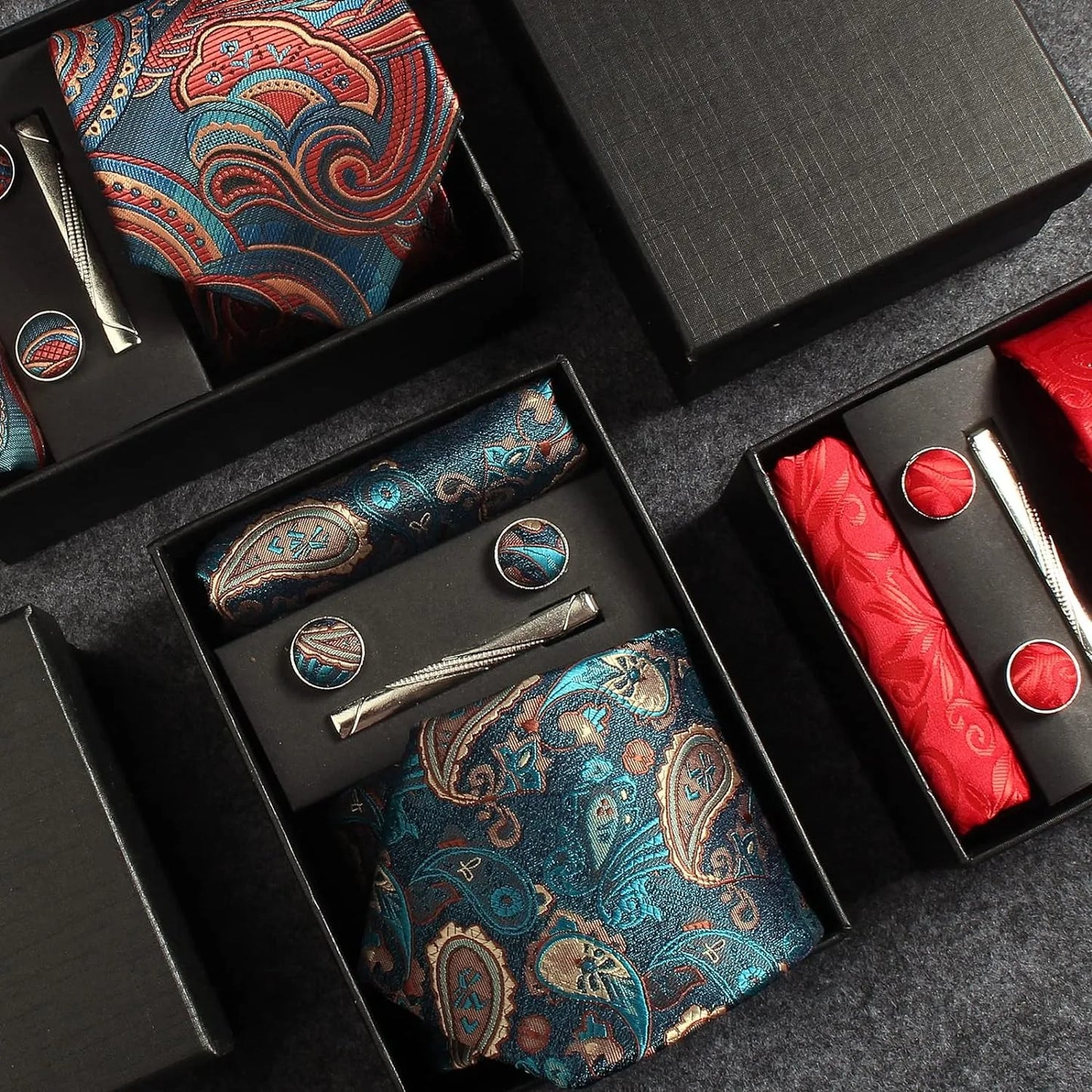 100% Silk Paisley Floral Necktie Set for Men - Premium Business Tie with Pocket Square Tie Clip Cufflinks Gift Box