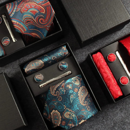 100% Silk Paisley Floral Necktie Set for Men - Premium Business Tie with Pocket Square Tie Clip Cufflinks Gift Box