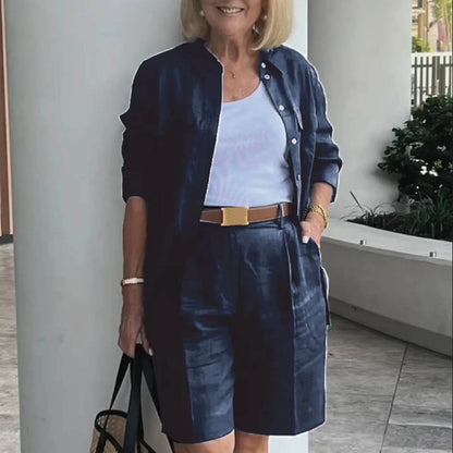 Women’s 2 Piece Summer Outfit Set - Solid Color Cardigan Shirt Top & Casual Shorts Matching Ensemble