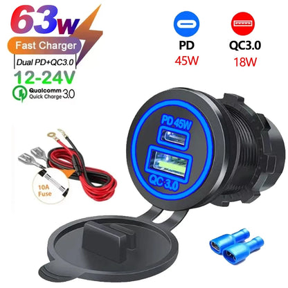 USB Car Charger 12/24V - Dual Socket PD3.0 & QC3.0 Fast Charging Station with LED Voltmeter Switch