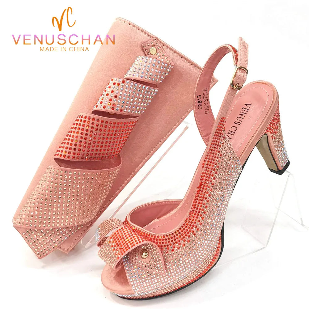 Venus Chan Women’s Rhinestone High Heels & Bag Set - Elegant Peach INS Style African Fashion Design