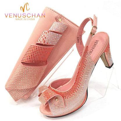 Venus Chan Women’s Rhinestone High Heels & Bag Set - Elegant Peach INS Style African Fashion Design
