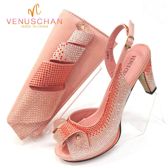 Venus Chan Women’s Rhinestone High Heels & Bag Set - Elegant Peach INS Style African Fashion Design