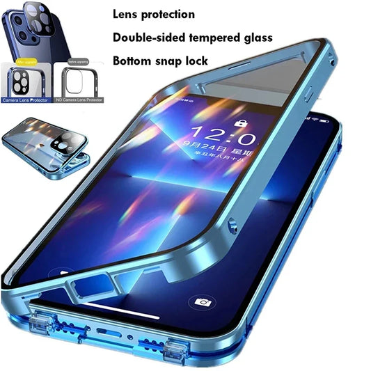 360° Full Protection Magnetic Metal Phone Case - Double Sided Glass Snap Lock Bumper Cover for iPhone 16 Pro Max 15 14 13 12 11 Pro Max
