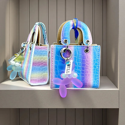 Mini PU Leather Rainbow Bag Charm - Gradient Balloon Dog Keychain Holder for Earbuds, Charger Cable & Gifts