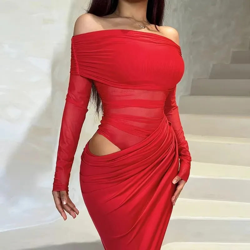 Tuularose Sexy Mesh Hollow Long Dress - One Shoulder Long Sleeve Patchwork Resort Gown for Summer Party & Evening Wear