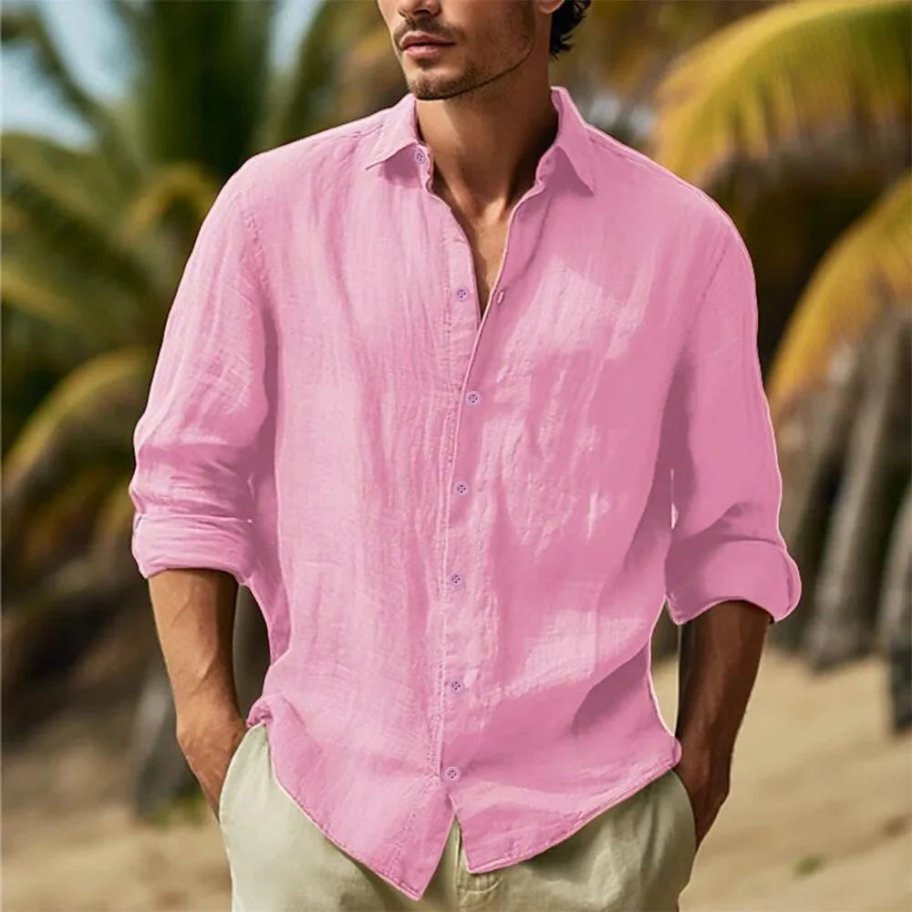 Men’s Cotton Linen Hawaiian Shirt - Lightweight Breathable Turn-Down Collar Casual White Streetwear Top