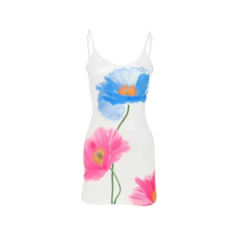 Women’s Sexy Mini Dress - Sleeveless O-Neck Backless Printed Summer Slim Fit Casual Streetwear Dress