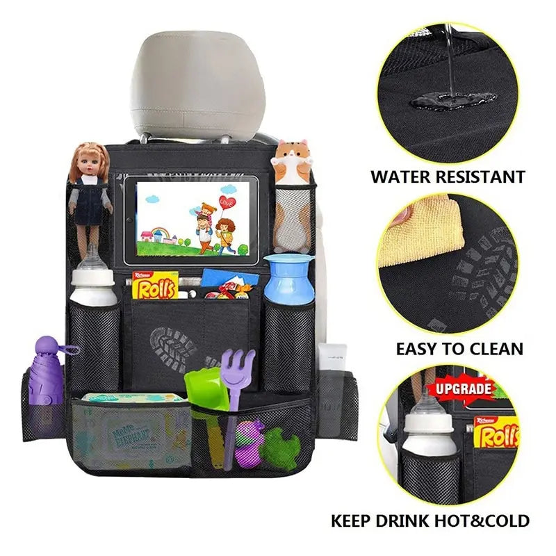 Car Backseat Organizer with Touch Screen Tablet Holder – Auto Storage Pockets and Seat Back Protectors – Car Accessories