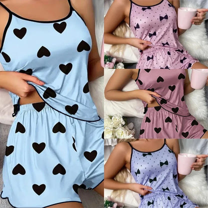 Women’s Pink Heart Pajama Set - Ice Silk T-Shirt & Shorts Casual Summer Sleepwear