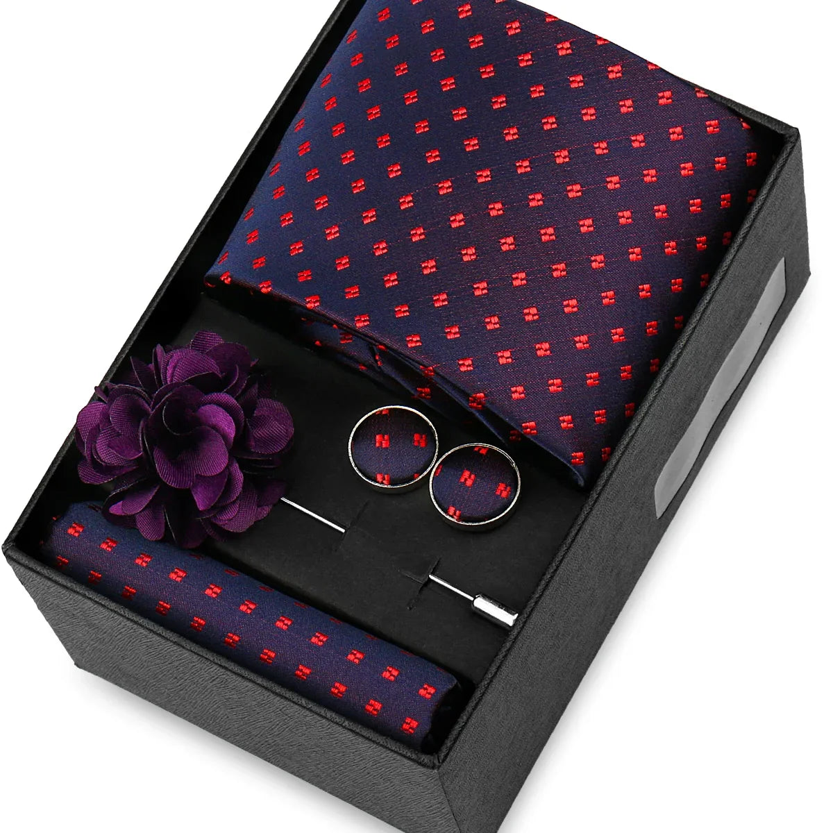 Elegant Men’s Necktie Gift Set - Fashion Tie with Handkerchief, Cufflinks & Brooch Pin Accessories for Business & Wedding