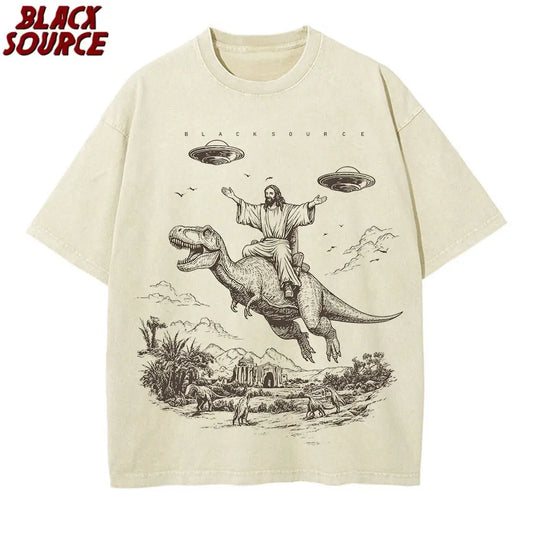Cartoon Dinosaur Print T-Shirt - Vintage Washed Distressed Unisex Fashion Tee for Women Students and Casual Wear
