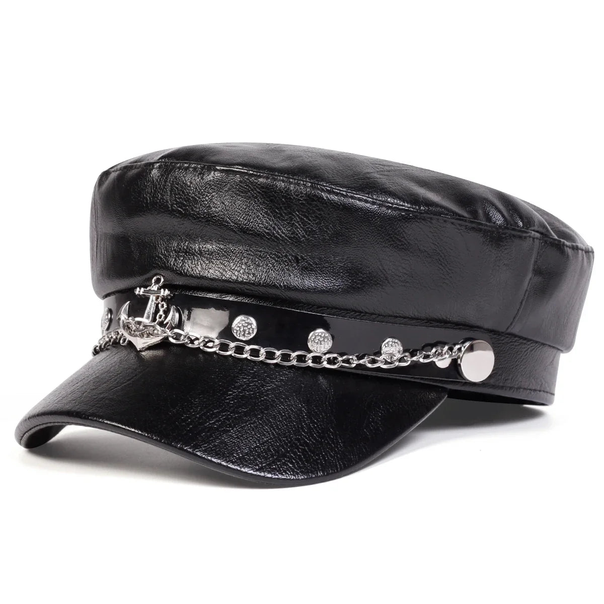 Large Buckle Leather Beret Hat - Fashion Sailor Military Cap for Women and Men