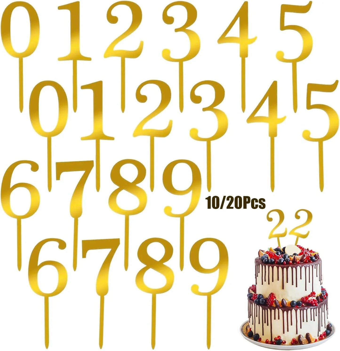 10–20PCS Acrylic Number Cake Toppers (0–9) – Gold Birthday & Wedding Cupcake Decorations for Party Cakes