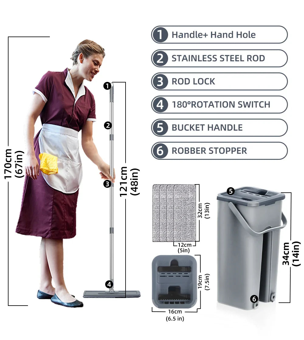 Hands-Free Flat Floor Mop & Bucket Set – Professional Home Cleaning System with Washable Microfiber Pads for Hardwood