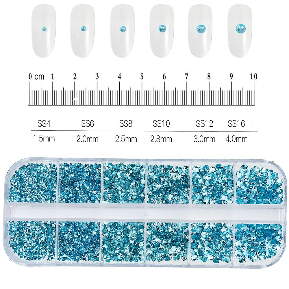 12-Grid Mixed Nail Rhinestones SS6-SS30 – Shiny Flat-Back Gems in Clear, Gold, Pink & Blue for Nail Art Decoration