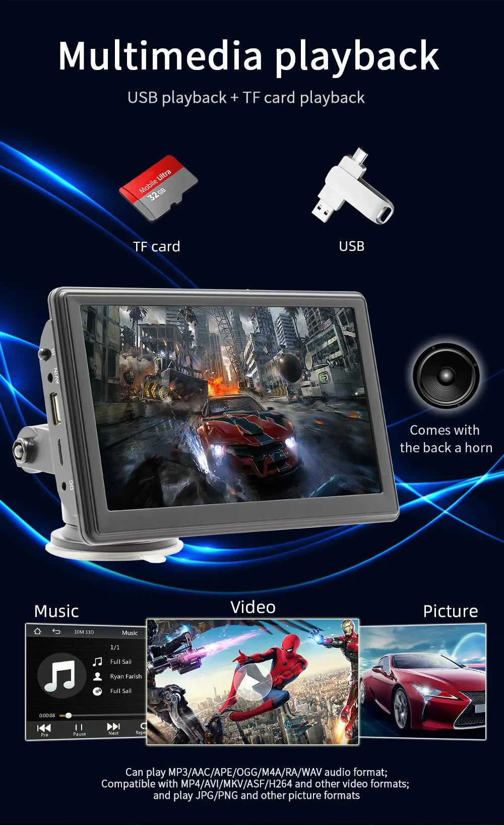 BQCC 7" HD IPS Car MP5 Player — Portable Stereo with Wireless CarPlay, Android Auto, BT, FM, USB & WiFi