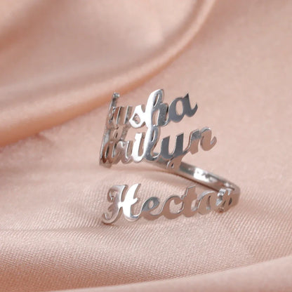 Custom Fishhook Double Name Finger Ring - Personalized Family & Couple Love Gift for Women & Men, Gold Stainless Steel Jewelry