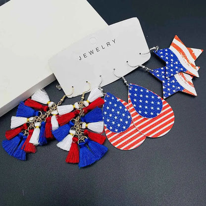 American Flag Drop Dangle Earrings - Patriotic 4th of July Teardrop Tassel Rhinestone Jewelry for Women