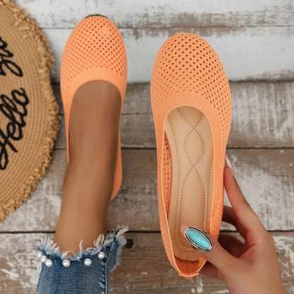 Women’s Round Toe Flat Shoes – Solid Color Knitted Slip-On Ballet Flats, Casual & Breathable Loafers