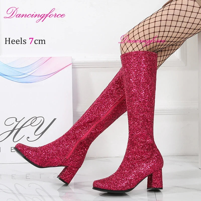 Women’s Retro Go-Go Knee-High Boots - Gold Glitter 7cm Chunky Heels 1960s–70s Costume & Cosplay Shoes, Plus Size EU46