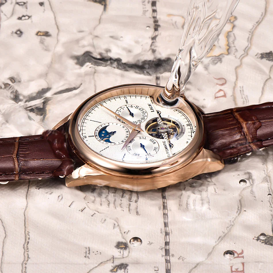 LIGE Men's Automatic Mechanical Tourbillon Watch - Waterproof Genuine Leather Military Wristwatch
