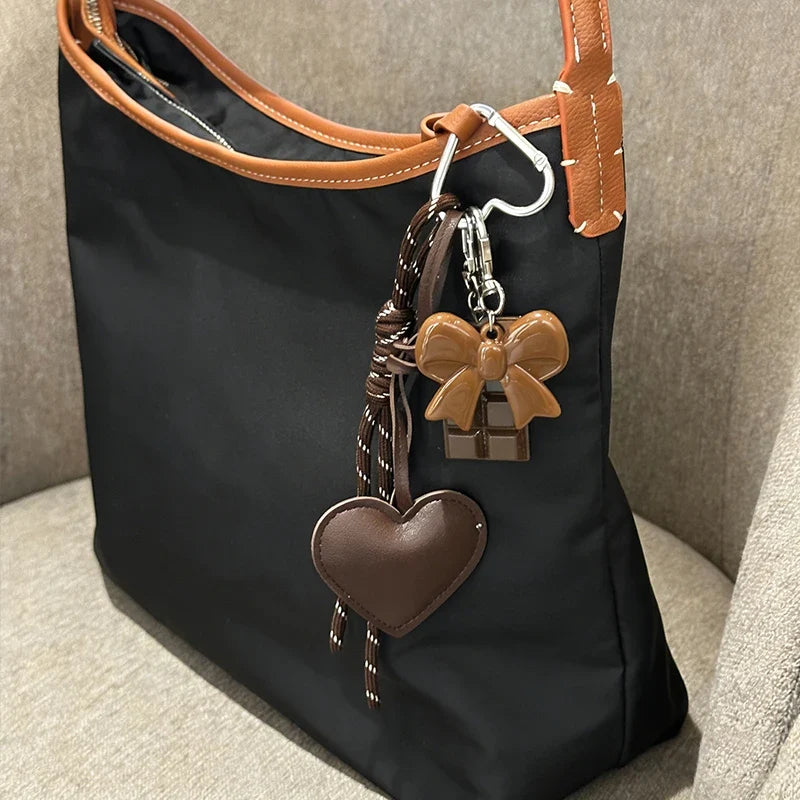 Kawaii Heart Leather Keychain - Trendy Chocolate Pendant Bag Charm Decorative Accessory
