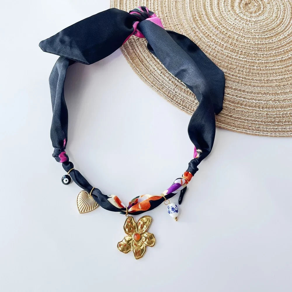 Bohemian Fabric Scarf Necklace - Sea Life, Heart & Floral Charm Pendant Vacation Jewelry Gift for Women