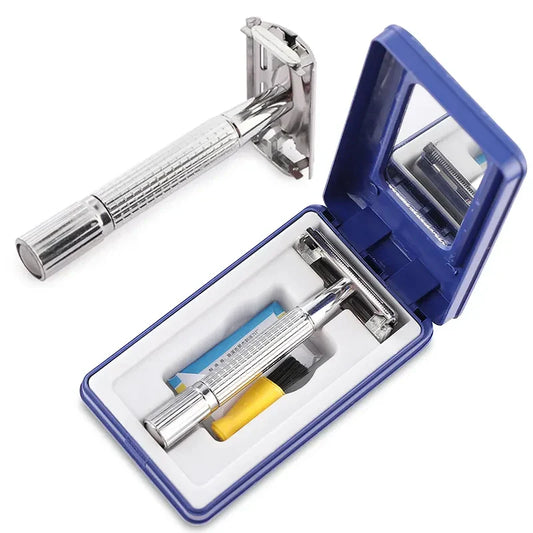 Men’s Shaving Razor with Blade – Silver Folding Stainless Steel Straight Razor for Facial Hair, Barber Shaving Tool with Holder