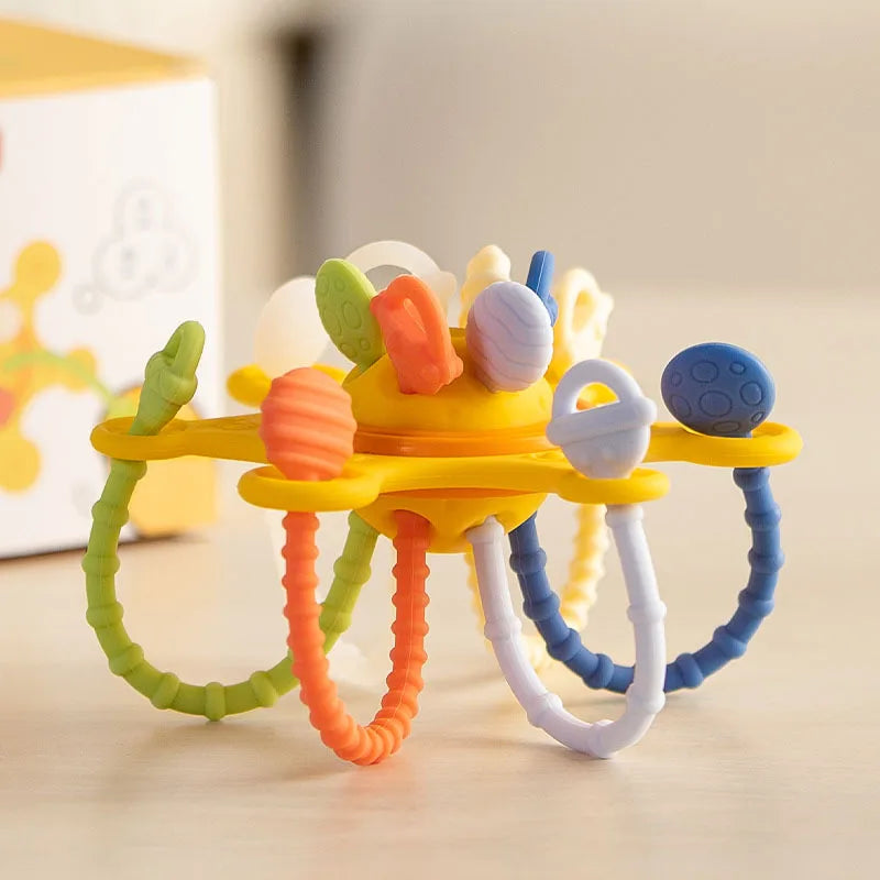 Baby Pull String Sensory Toy - Silicone Teething Rattle Montessori Learning Toy for 6-12 Months