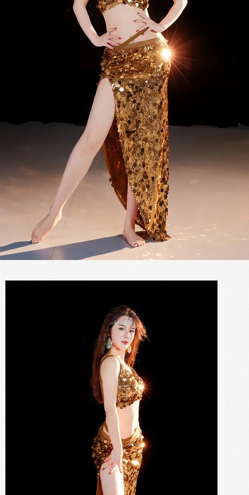 2-Piece Belly Dance Costume Set for Women – Sexy Sequin Top & Skirt Outfit for Stage Performance & Training
