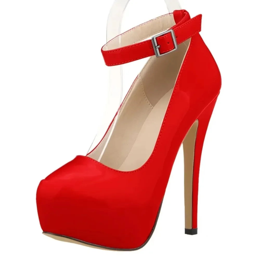 Women’s Patent Leather Stiletto Pumps – 14cm High Heels with Buckle Ankle Strap, Sexy Wedding & Fashion Shoes, Size 44