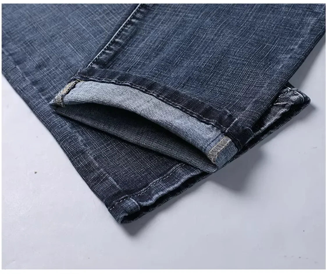 Men's Classic Stretch Jeans - Business Casual Straight Leg Denim Work Trousers in Blue & Black