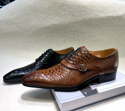 Men’s Handmade Italian-Style Leather Dress Shoes - Pointed Toe Python Pattern Wedding & Business Oxford Shoes