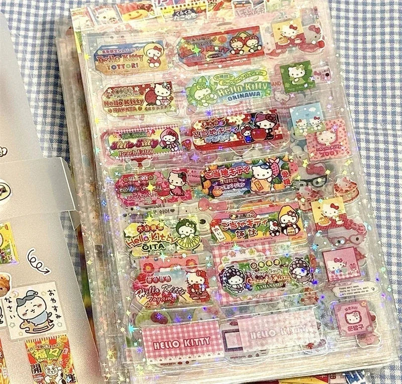 Cute Cartoon Character Sticker Sheets - Hello Kitty & Rilakkuma Die-Cut Laser Stickers for DIY Crafts & Kids Fun