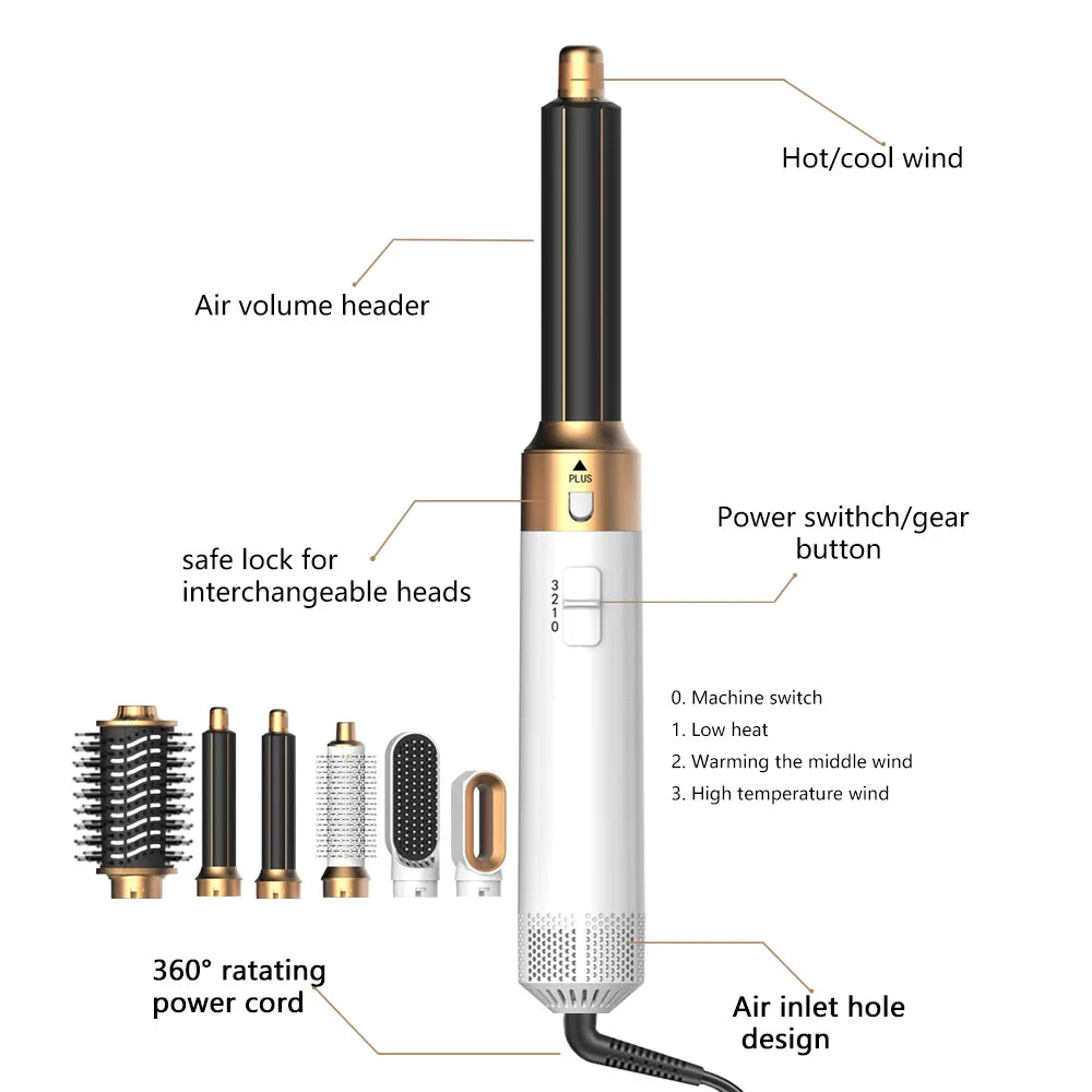 6-in-1 Hair Dryer Brush – Detachable Curler & Straightening Comb with Heat Control for Smooth Hair Styling