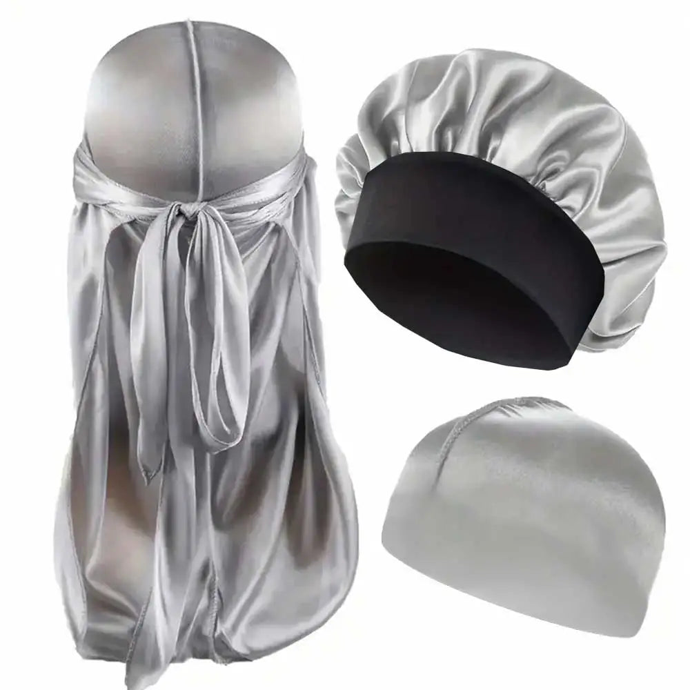 3PCS Durag & Satin Bonnet Set - Solid Color Night Cap and Lightweight Dome Hat Hair Accessories