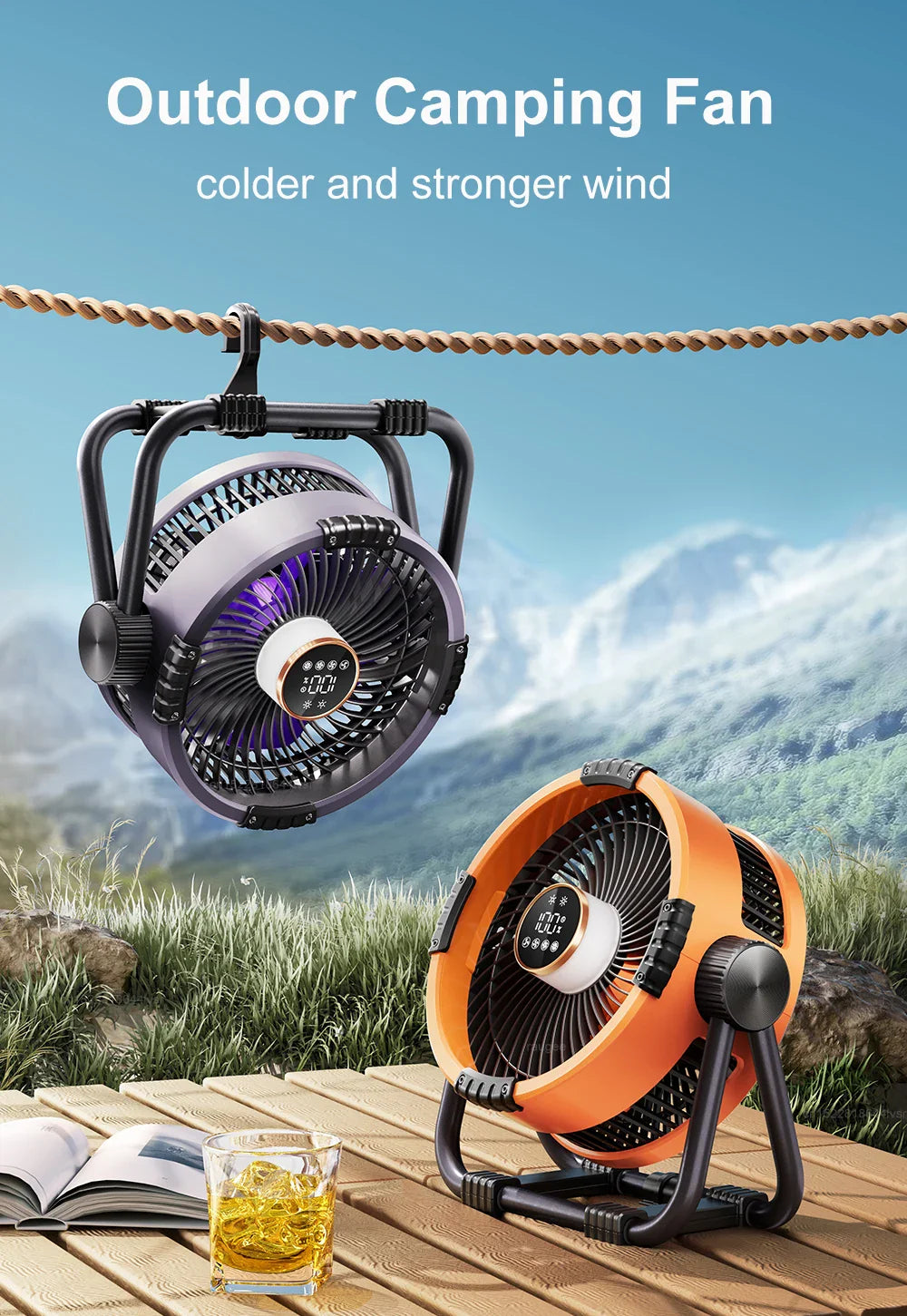Camping Fan 20000mAh – Rechargeable Portable Outdoor Tent Fan with Air Circulator, Wireless Ceiling Fan, Hook, and Light