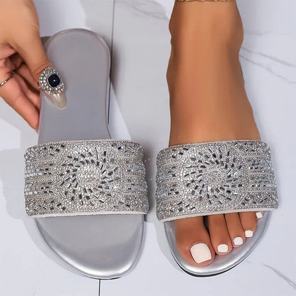 Women’s Silver Crystal Flat Slippers – Plus Size Comfortable Summer Beach Shoes