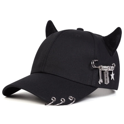 Unisex Cow Horn Baseball Cap - Personality Iron Ring Design, Adjustable Casual Outdoor Sun Hat for Spring & Autumn