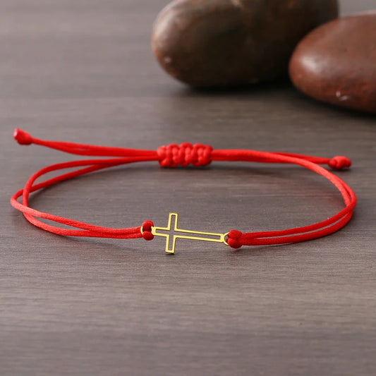 Gothic Cross Rope Bracelet - Stainless Steel Hollow Charm Hand Braided Lucky Black & Red Jewelry Gift for Women