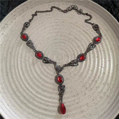 Goth Y2K Heart Cross Choker Necklace - Dark Red Stone Bead Punk Grunge Jewelry for Women Halloween Style