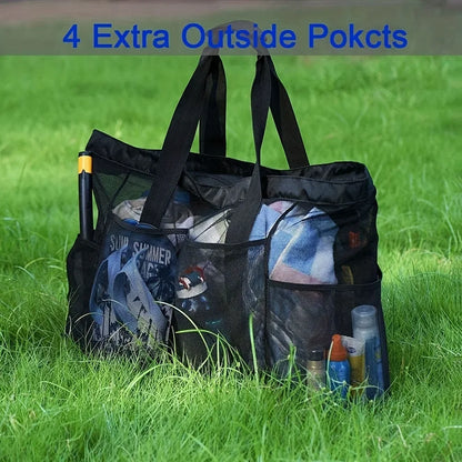 Extra Large Mesh Beach Bag with Zipper - Breathable Tote with Side Pockets, Portable Large Capacity Organizer
