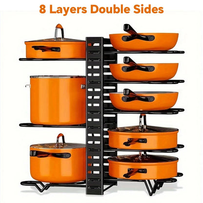 8 Tier Pot Rack Organizer - Space Saving Metal Holder for Pots, Pans & Lids Kitchen Storage Rack